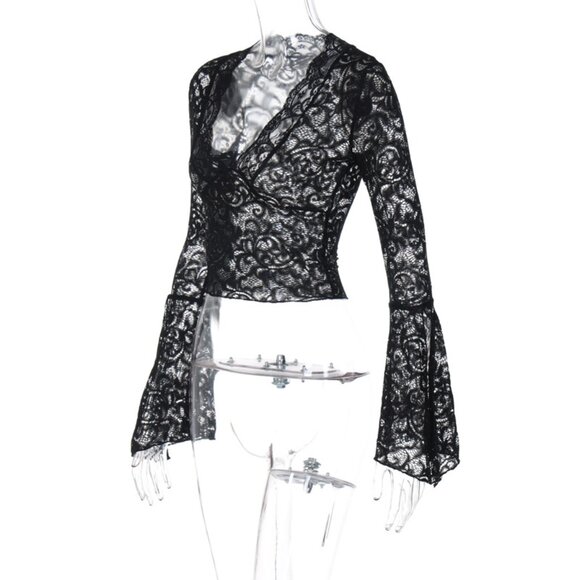 NEW Y2K Goth Lace Flared Sleeve Blouse - Picture 5 of 6